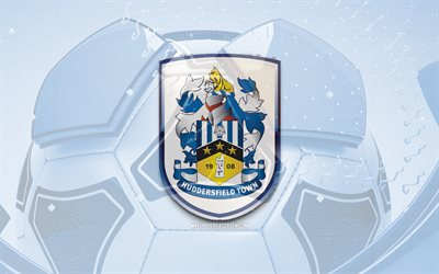 huddersfield townin kiiltävä logo, 4k, sininen jalkapallo tausta, efl mestaruus, jalkapallo, englantilainen jalkapalloseura, huddersfield townin tunnus, huddersfield town fc, urheilun logo, huddersfield townin logo, huddersfieldin kaupunki