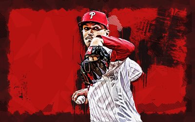 4k, Kyle Gibson, grunge art, Philadelphia Phillies, MLB, pitcher, Kyle Gibson 4K, baseball, red grunge background, Kyle Gibson Philadelphia Phillies