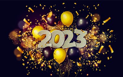 felice anno nuovo 2023, 4k, palloncini neri e gialli, sfondo 2023 con palloncini, 2023 felice anno nuovo, 2023 concetti, biglietto d'auguri 2023