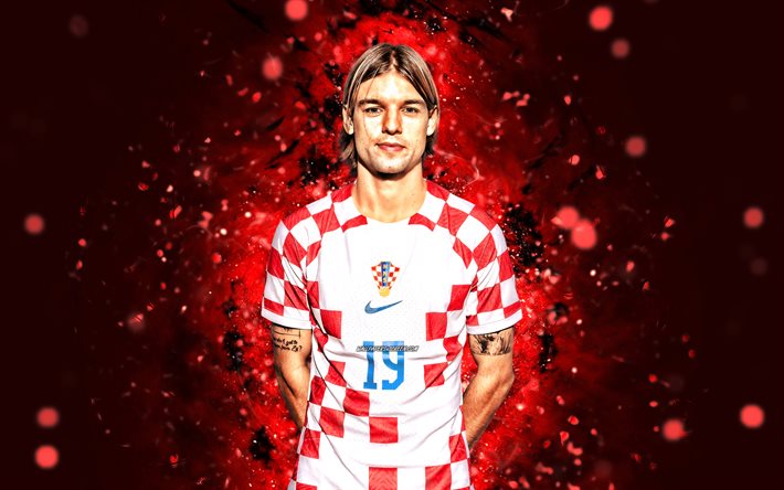 borna sosa, 4k, kırmızı neon ışıkları, hırvatistan milli takımı, futbol, futbolcular, kırmızı arka plan, hırvat futbol takımı, borna sosa 4k