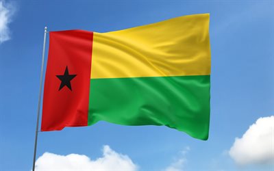 깃대에 기니비사우 국기, 4k, 아프리카 국가, 파란 하늘, 기니비사우의 국기, 물결 모양의 새틴 플래그, 기니비사우 국기, 기니비사우 국가 상징, 깃발이 달린 깃대, 기니비사우의 날, 아프리카, 기니비사우