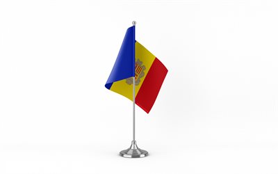 4k, Andorra table flag, white background, Andorra flag, table flag of Andorra, Andorra flag on metal stick, flag of Andorra, national symbols, Andorra, Europe