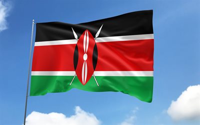 Kenya flag on flagpole, 4K, African countries, blue sky, flag of Kenya, wavy satin flags, Kenyan flag, Kenyan national symbols, flagpole with flags, Day of Kenya, Africa, Kenya flag, Kenya