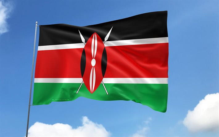 drapeau du kenya sur mât, 4k, pays africains, ciel bleu, drapeau du kenya, drapeaux de satin ondulés, drapeau kényan, symboles nationaux du kenya, mât avec des drapeaux, jour du kenya, afrique, kenya