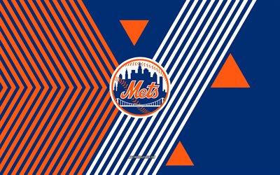 ニューヨーク・メッツのロゴ, 4k, アメリカの野球チーム, 青オレンジ色の線の背景, ニューヨーク・メッツ, mlb, アメリカ合衆国, 線画, ニューヨーク・メッツのエンブレム, 野球