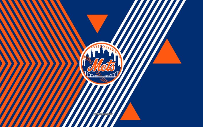 new york mets logosu, 4k, amerikan beyzbol takımı, mavi turuncu çizgiler arka plan, new york mets'i, mlb, amerika birleşik devletleri, hat sanatı, new york mets amblemi, beyzbol