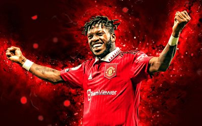 Fred, 4k, 2022, red neon lights, Manchester United FC, red abstract background, joy, Premier League, brazilian footballers, Fred 4K, soccer, football, Fred Manchester United, Man United