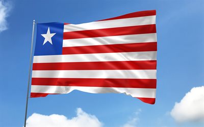 Liberia flag on flagpole, 4K, African countries, blue sky, flag of Liberia, wavy satin flags, Liberian flag, Liberian national symbols, flagpole with flags, Day of Liberia, Africa, Liberia flag, Liberia