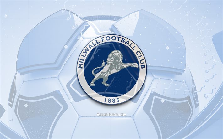 Millwall FC glossy logo, 4K, blue football background, EFL Championship, soccer, english football club, Millwall FC emblem, Millwall FC, football, sports logo, Millwall FC logo, Millwall