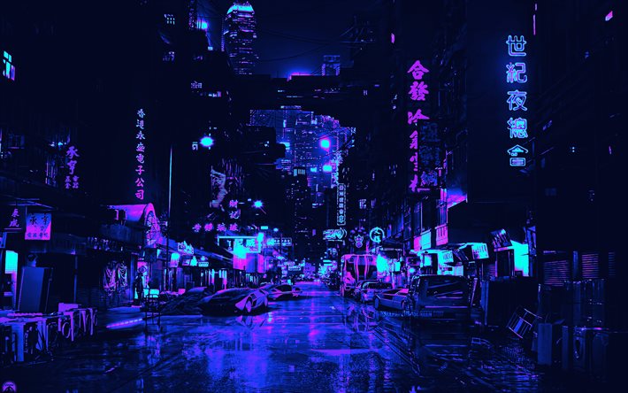 ville asiatique, 4k, cyberpunk, paysages nocturnes, créatif, paysages urbains abstraits, ouvrages d'art, paysages urbains cyberpunk