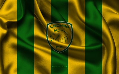 4k, logotipo de itagüí leones fc, tela de seda verde amarillo, seleccion de futbol de colombia, emblema itagui leones fc, categoría primera a, itagüí leones fc, colombia, fútbol, bandera de itagüí leones fc