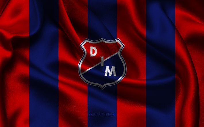 4k, independiente medellin logo, sininen punainen silkkikangas, kolumbian jalkapallojoukkue, itsenäinen medellinin tunnus, luokka primera a, itsenäinen medellin, kolumbia, jalkapallo, itsenäinen medellin lippu