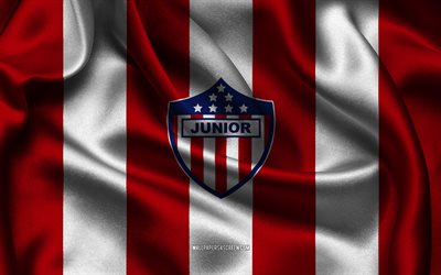 4k, CD Junior Popular logo, red white silk fabric, Colombian football team, CD Popular Junior emblem, Category Primera A, CD Popular Junior, Colombia, football, CD Popular Junior flag, Club Deportivo Popular Junior
