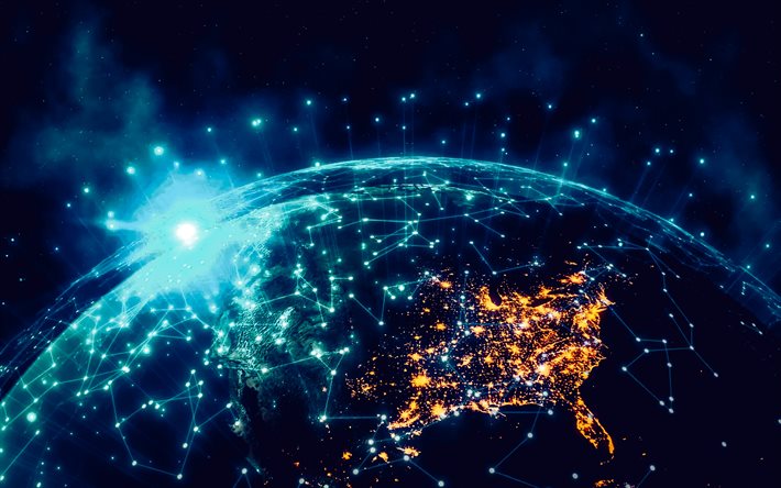 global networks, 4k, communications, China from space at night, 5G, social networks, networks mesh, blue technology background, blue networks background, internet, planet from space, earth from space