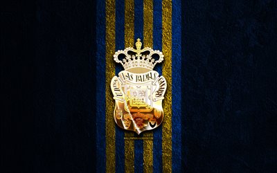 UD Las Palmas golden logo, 4k, blue stone background, La Liga 2, spanish soccer club, UD Las Palmas logo, soccer, UD Las Palmas emblem, LaLiga2, UD Las Palmas, football, Las Palmas FC