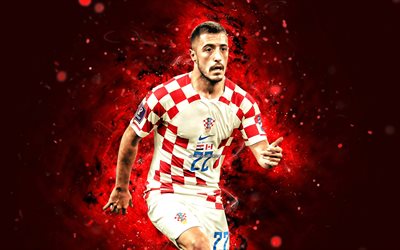 Josip Juranovic, 4k, red neon lights, Croatia National Team, soccer, footballers, red abstract background, Croatian football team, Josip Juranovic 4K