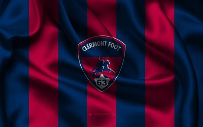 4k, logo clermont foot 63, tecido de seda roxo azul, time de futebol francês, clermont foot 63 emblema, ligue 1, pé clermont 63, frança, futebol, clermont pé 63 bandeira