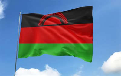 Malawi flag on flagpole, 4K, African countries, blue sky, flag of Malawi, wavy satin flags, Malawian flag, Malawian national symbols, flagpole with flags, Day of Malawi, Africa, Malawi flag, Malawi
