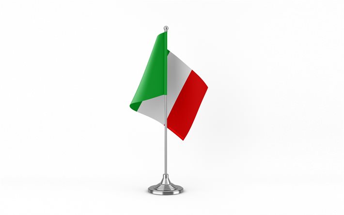 4k, इटली टेबल झंडा, सफेद पृष्ठभूमि, इटली का झंडा, टेबल इटली का झंडा, धातु की छड़ी पर इटली का झंडा, राष्ट्रीय चिन्ह, इटली, यूरोप