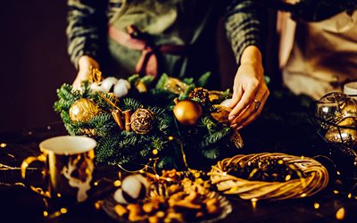 Christmas wreath, 4k, Happy New Year, Merry Christmas, wreath with golden Christmas balls, Christmas scenery, Christmas evening, festive table