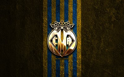 شعار villarreal cf b الذهبي, 4k, الحجر الأصفر الخلفية, الدوري الاسباني 2, نادي كرة القدم الاسباني, شعار villarreal cf b, كرة القدم, laliga2, فياريال cf ب, فياريال ب