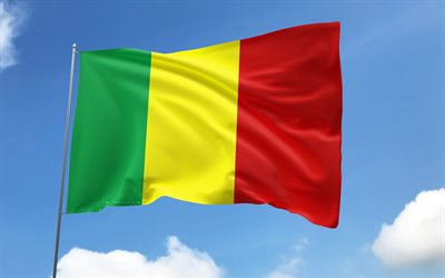 bandeira do mali no mastro, 4k, países africanos, céu azul, bandeira do mali, bandeiras de cetim onduladas, símbolos nacionais do mali, mastro com bandeiras, dia do mali, áfrica, mali