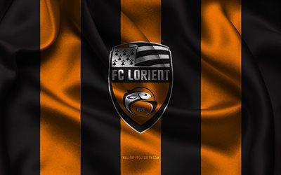 4k, fc lorient logo, schwarz orangefarbener seidenstoff, französische fußballmannschaft, emblem des fc lorient, liga 1, fc lorient, frankreich, fußball, flagge des fc lorient