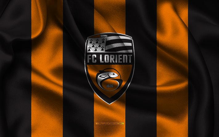 4k, fc lorient logosu, siyah turuncu ipek kumaş, fransız futbol takımı, fc lorient amblemi, 1 lig, fc lorient, fransa, futbol, lorient bayrağı