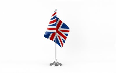 4k, drapeau de table royaume uni, fond blanc, drapeau du royaume uni, drapeau de table du royaume uni, drapeau du royaume uni sur bâton de métal, symboles nationaux, royaume uni, l'europe 