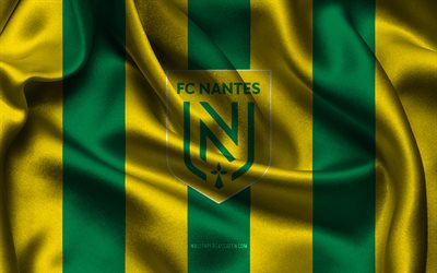 4k, fc nantesin logo, vihreä keltainen silkkikangas, ranskan jalkapallojoukkue, fc nantesin tunnus, ligue 1, fc nantes, ranska, jalkapallo, fc nantesin lippu