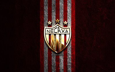 club necaxa kultainen logo, 4k, punainen kivi tausta, liiga mx, meksikolainen jalkapalloseura, club necaxa  logo, jalkapallo, club necaxa  tunnus, club necaxa, necaxa fc