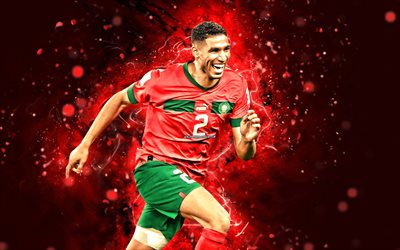 4k, Achraf Hakimi, Qatar 2022, red neon lights, Morocco National Football Team, soccer, footballers, red abstract background, Moroccan football team, Achraf Hakimi 4K