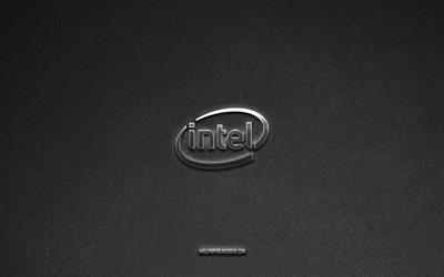 インテルのロゴ, ブランド, 灰色の石の背景, インテルのエンブレム, 人気のロゴ, インテル, メタルサイン, インテルのメタルロゴ, 石のテクスチャ