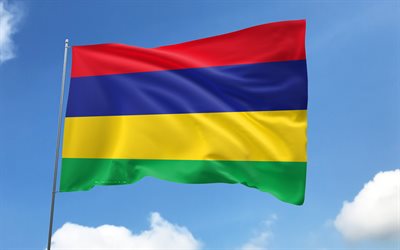 Mauritius flag on flagpole, 4K, African countries, blue sky, flag of Mauritius, wavy satin flags, Mauritius flag, Mauritius national symbols, flagpole with flags, Day of Mauritius, Africa, Mauritius
