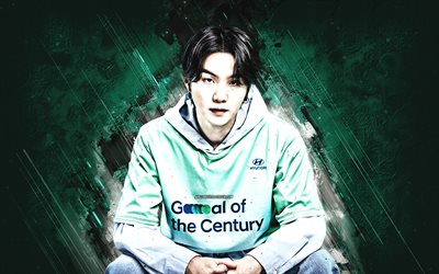 Suga, BTS, grunge art, Min Yoon-gi, turquoise stone background, Agust D, South Korean rapper, K-pop