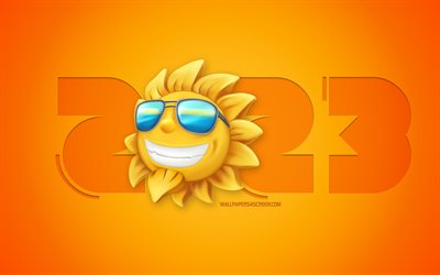 Happy New Year 2023, 4k, 3d summer concerts, 2023 summer travels, sun icon, 2023 summer background, 2023 Happy New Year, sunemotions icons