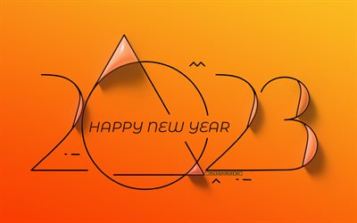 2023 feliz año nuevo, dígitos 3d lineales, fondos naranjas, 2023 año, 4k, obra de arte, 2023 conceptos, 2023 dígitos 3d, feliz año nuevo 2023, 2023 fondo naranja