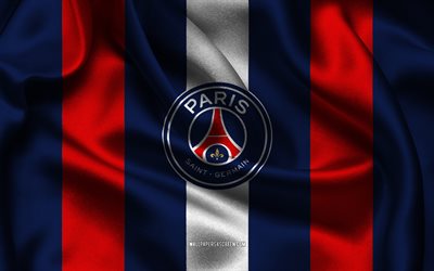 4k, Paris Saint-Germain logo, blue red white silk fabric, PSG logo, French football team, Paris Saint-Germain emblem, Ligue 1, Paris Saint-Germain, France, PSG, football, Paris Saint-Germain flag, Paris SG
