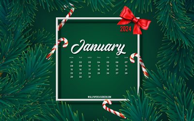 4k, 2024年1月カレンダー, 緑のクリスマスツリーフレーム, 緑の木の背景, 2024 1月カレンダー, 2024概念, 1月, 緑の松の枝, 2024カレンダー