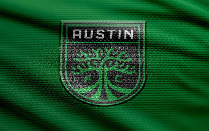logo en tissu austin fc, 4k, contexte de tissu vert, mls, bokeh, football, logo austin fc, emblème austin fc, austin fc, club de football américain, fc austin