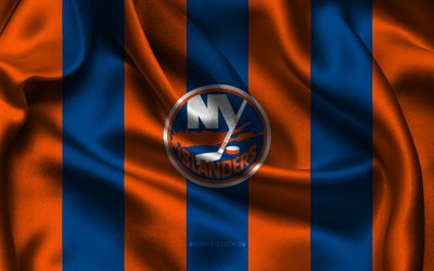 4k, logo di new york islanders, tessuto di seta arancione blu, team di hockey americana, emblema di new york islanders, nhl, new york islanders, stati uniti d'america, hockey, bandiera di new york islanders