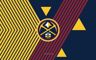 logotipo de denver nuggets, 4k, time de basquete americano, fundo de linhas amarelas azuis, nuggets de denver, nba, eua, art, denver nuggets emblema, basquetebol