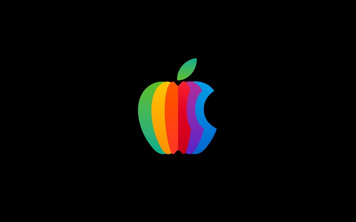 apple rainbow logo, 4k, تقليلية, مبدع, خلفيات سوداء, شعار apple, شعار apple abstract, العمل الفني, تفاحة