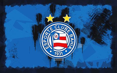 logo o logotipo do grunge, 4k, serie brasileira a, fundo azul grunge, futebol, ec bahia emblema, logotipo da ec bahia, ec bahia, clube de futebol espanhol, bahia fc