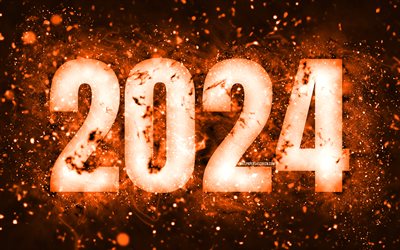 4k, feliz ano novo 2024, luzes de néon laranja, 2024 conceitos, 2024 feliz ano novo, arte de neon, criativo, 2024 fundo laranja, 2024 anos, 2024 digits de laranja