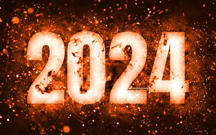 4k, عام جديد سعيد 2024, أضواء النيون البرتقالية, 2024 مفاهيم, 2024 سنة جديدة سعيدة, فن النيون, مبدع, 2024 خلفية برتقالية, 2024 سنة, 2024 أرقام برتقالية