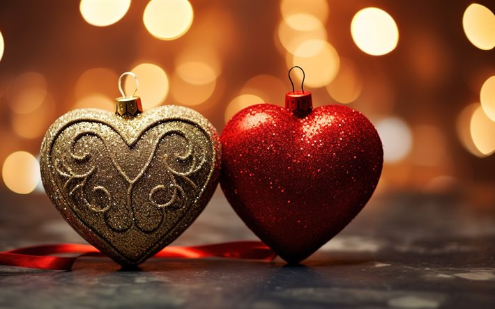 Heart Christmas balls, Happy New Year, Christmas background, Merry Christmas, Christmas decorations