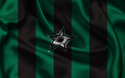 4k, dallas stars logo, tessuto di seta nera verde, team di hockey americana, emblema di dallas stars, nhl, dallas stars, stati uniti d'america, hockey, dallas stars flag