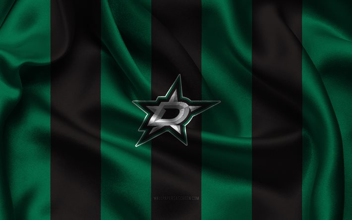 4k, dallas stars logo, tessuto di seta nera verde, team di hockey americana, emblema di dallas stars, nhl, dallas stars, stati uniti d'america, hockey, dallas stars flag