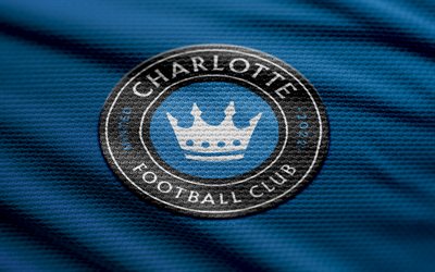 Charlotte FC fabric logo, 4k, blue fabric background, MLS, bokeh, soccer, Charlotte FC logo, football, Charlotte FC emblem, Charlotte FC, american soccer club, FC Charlotte